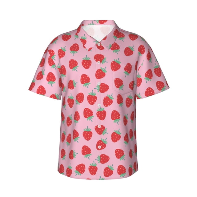 Balery Hand Drawn Strawberry Camisas hawaianas de manga corta para hombre, camisas playeras de corte holgado, camisas de vacaciones con botones,Medium