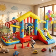 Qhomic Inflatable Bounce House for Kids Ages 3–12, 7-in-1 Bouncy House with Ball Pit, Canopy, Obstacle Jumping Castle with Basketball Hoop, Target, Includes Blower, Perfect for Backyard Parties