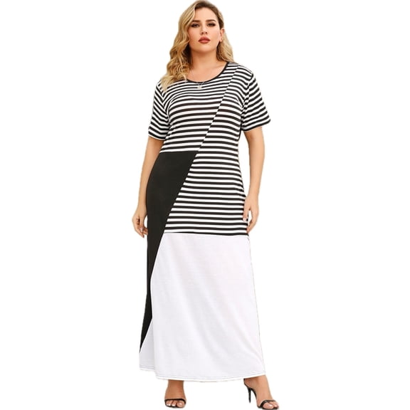 Women's Plus Size Striped Color Block Round Neck Maxi Dress 95% Polyester 5% Spandex Short Sleeves Machine Washable