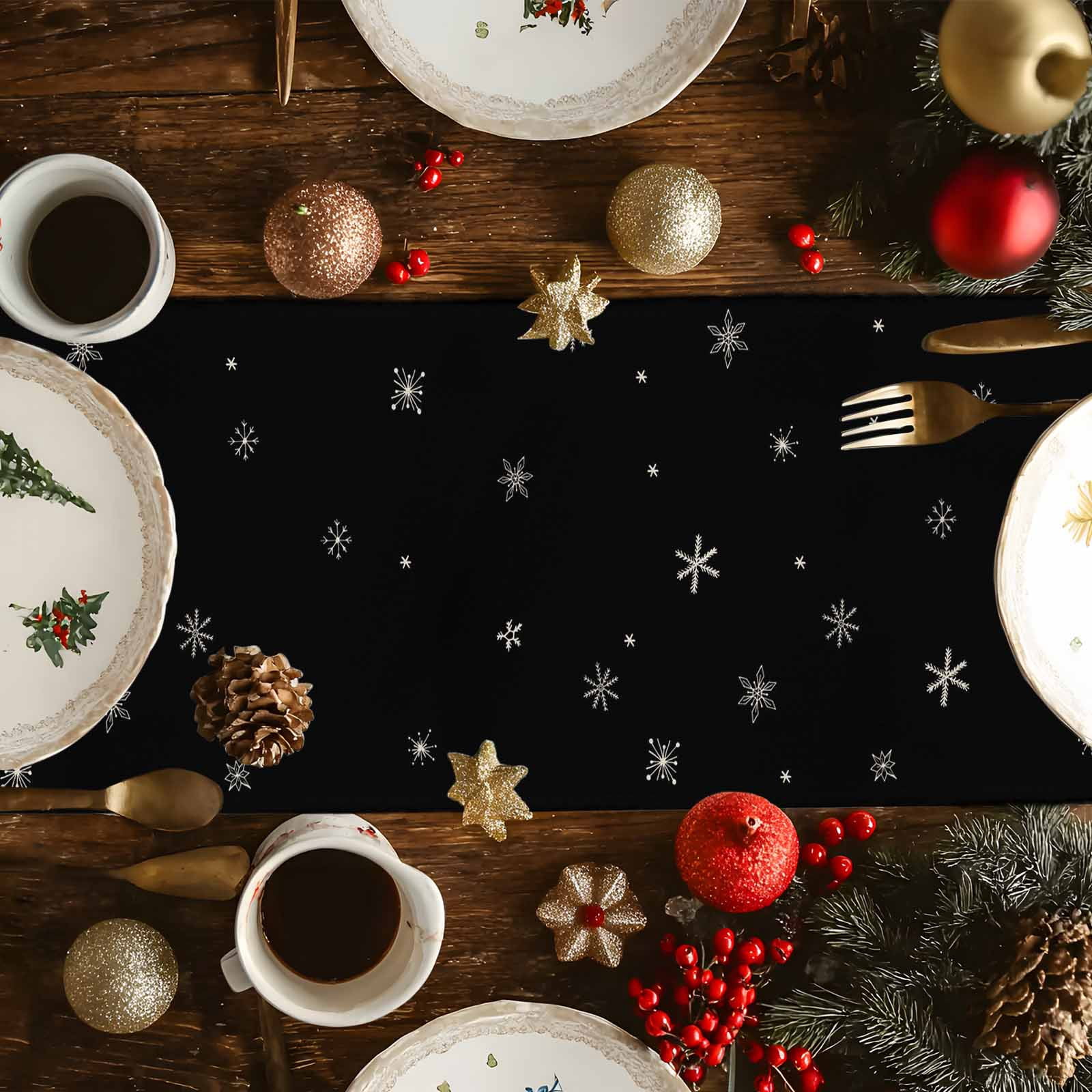 Black Christmas Tree Dresser Scarf Farmhouse, Dining Table Decorations for Wedding/Parties, Xmas Tree Winter Snowflake Table Runner 60 Inches Long for Kitchen Dining, 13 x 60 In