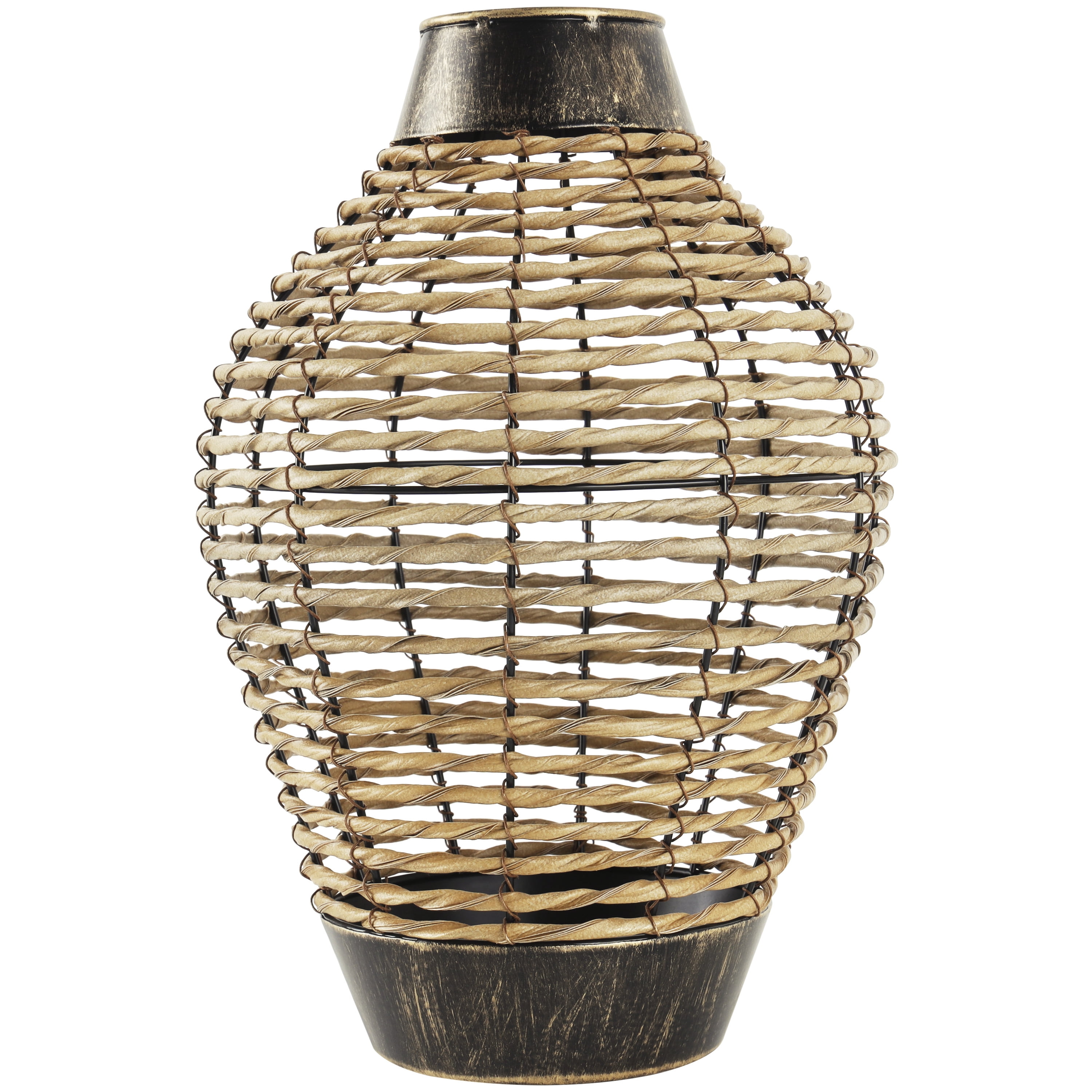 DecMode 16" Handmade Twisted Bronze Plastic Rattan Vase with Open Frame Design and Bronze Metal Details