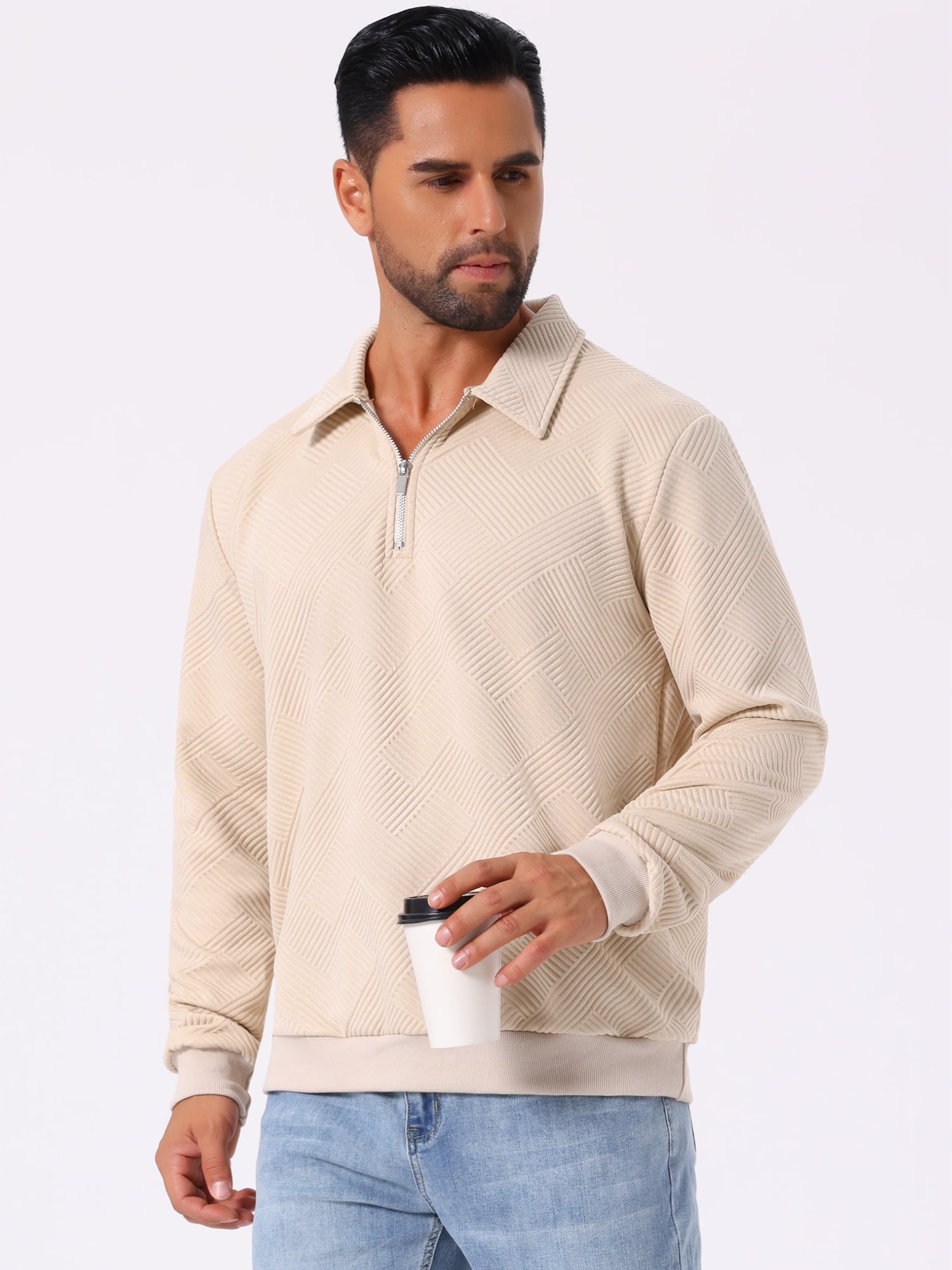 DARING DIVA Zip Pullover Long Sleeve Knitted Sweatshirts S Beige