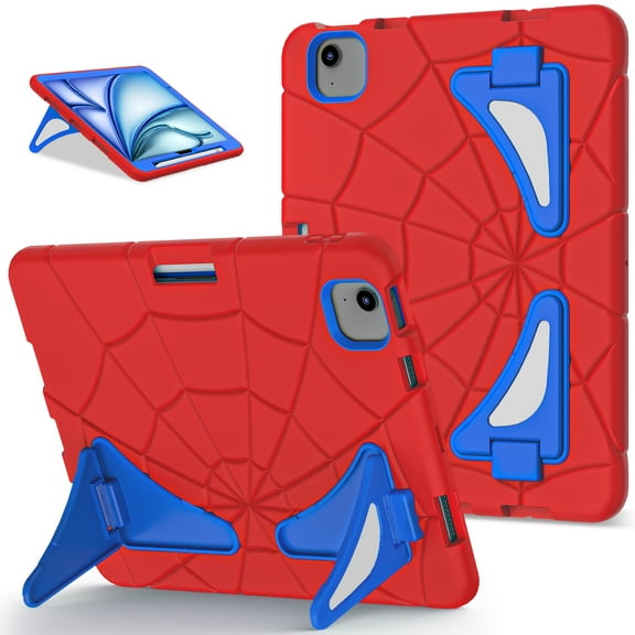 Allytechgroup iPad Air 11 Inch 2025 2024 Case, Cute Stylish Design Kids Friendly Rugged Kickstand Lightweight Silicone PC Case with Pencil Holder for Apple iPad Air 11 Inch M3 M2, Red Blue