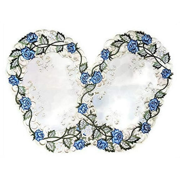 Doily Boutique Placemats Set of 2 with a Blue Rose on Ivory Fabric Size 11 x 17 inches