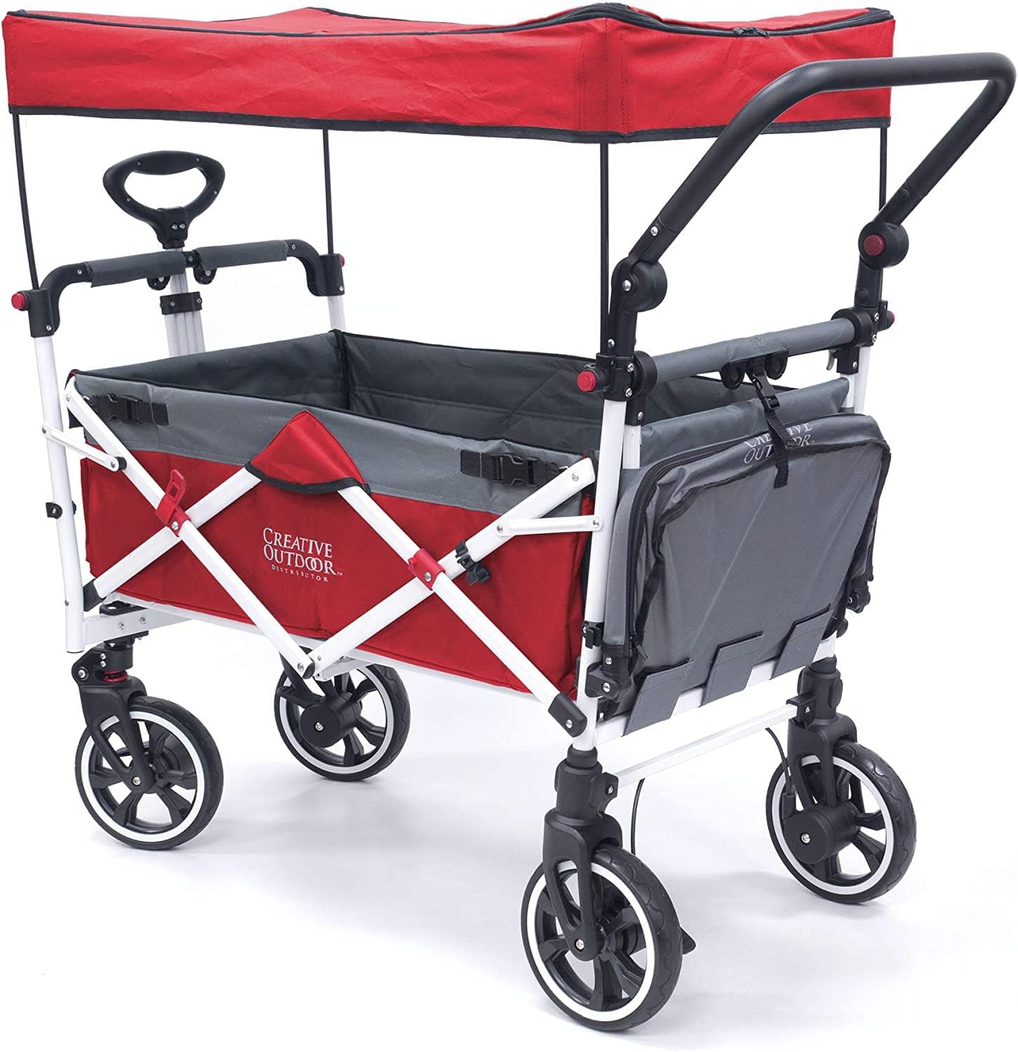 Creative Outdoor Titanium Series Push Pull Wagon Stroller with Canopy Folding Wagon for Kids, Red/Gray