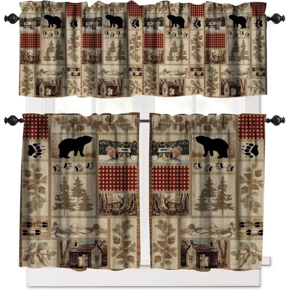 Rustic Moose Deer Curtain Set, Vintage Cottage Country Style Pine Tree Elk Window Valances and Tier Set for Kitchen Living Room Caf Dcor
