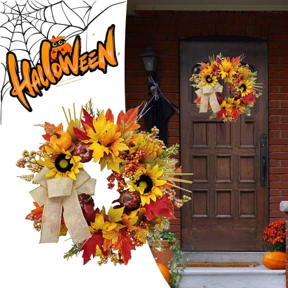 Tkrady Fall Wreaths for Front Door, Sunflower Autumn Wreath, Pumpkins and Burlap Bows, for Christmas Farmhouse Indoor Outdoor Outside-18"