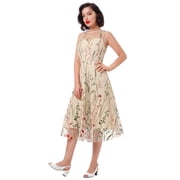 IBTOM CASTLE Women Vintage Dress 1950s Sleeveless Mesh Patchwork Cocktail Swing Dress Floral Embroidery Flare A-Line Dress Wedding Guest Evening Prom Gown XXL Apricot