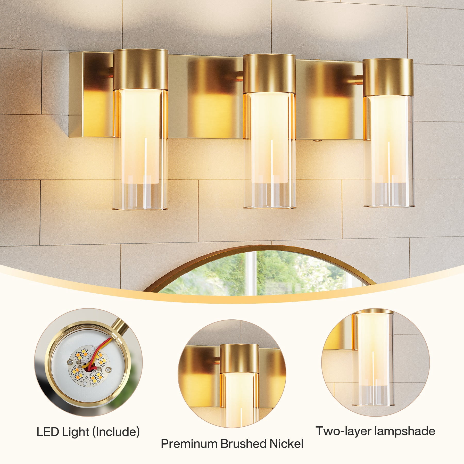 Fnova 19.7" LED Gold Vanity Lights, Modern 3CCT Dimmable Bathroom Light Fixtures with Double Glass Shade, (ETL Listed, Bulbs Included)