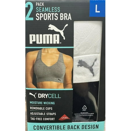 Puma Women's Convertible Seamless Sports Bra 2 Pack, Black/White, L