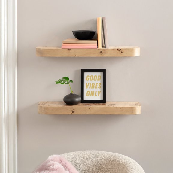 Kate and Laurel Burlock Modern Burlwood Floating Shelves, Set of 2, 24 x 6, Burlwood, Transitional Functional Kitchen or Bathroom Shelves for Above Toilet Storage or Dorm Room Display