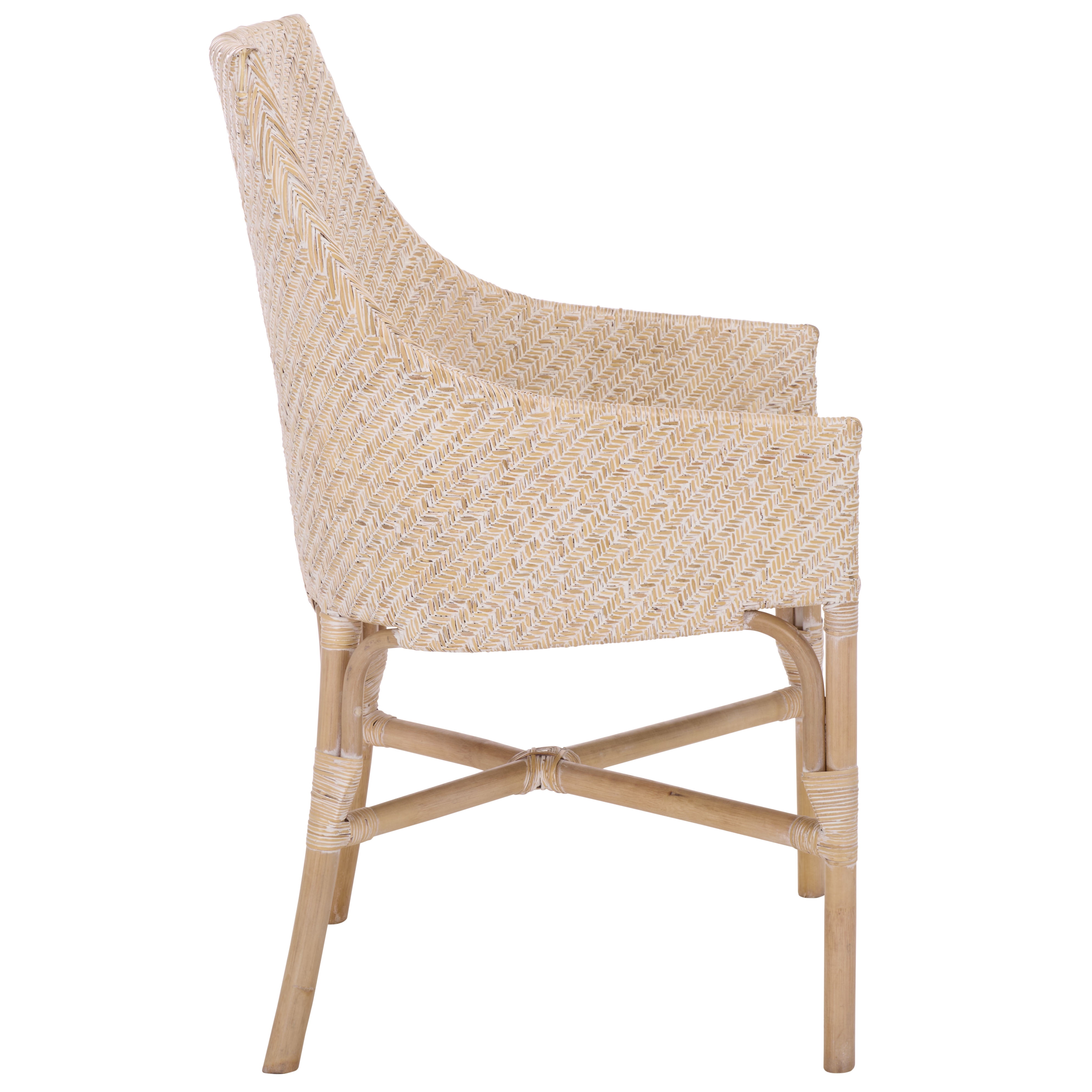 Safavieh Rikan Modern Rattan and Fabric Dining Arm Chair, White Washed/ Ivory