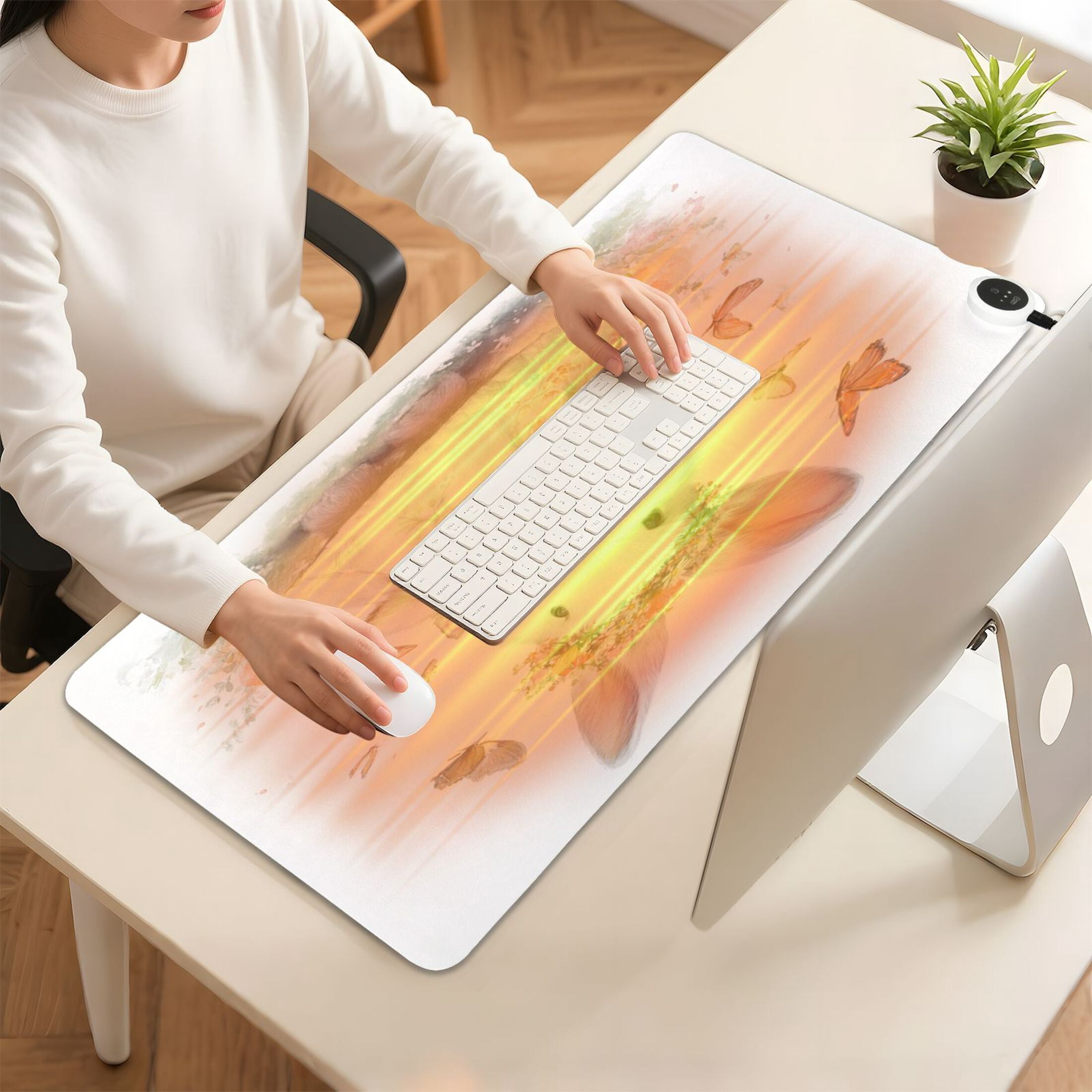 Large Heated Desk Mat Mouse Pad 31.5"x13"PU Leather Graphene Heating Desk Warmer with 3 Temperature Settings 110V US Plug Non-Slip Warm Pad for Home, Office, and Gaming Cute White Little Rabbit