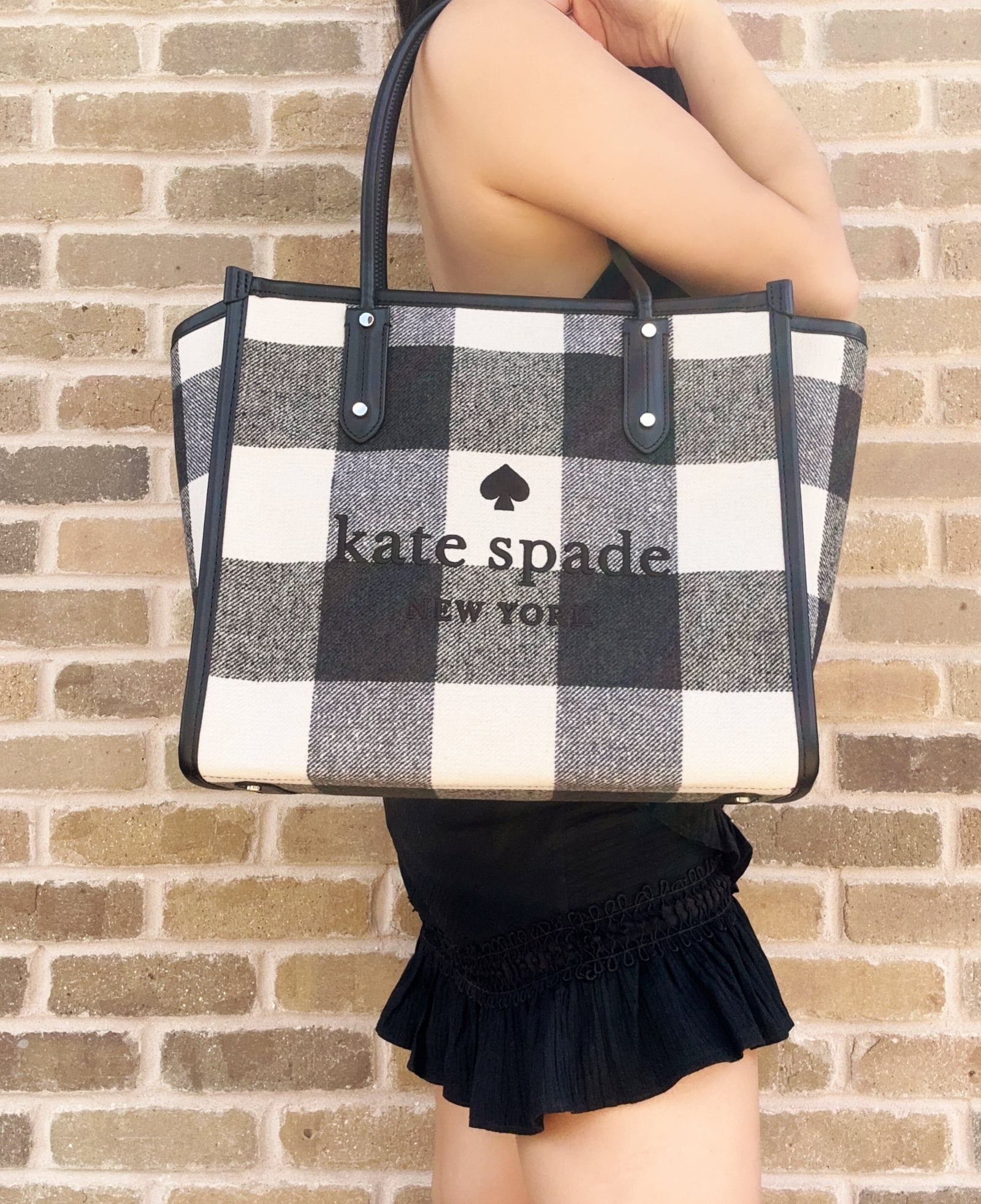 Kate Spade Ella Festive Check Plaid Print Large Top Zip Tote Black Multi -  