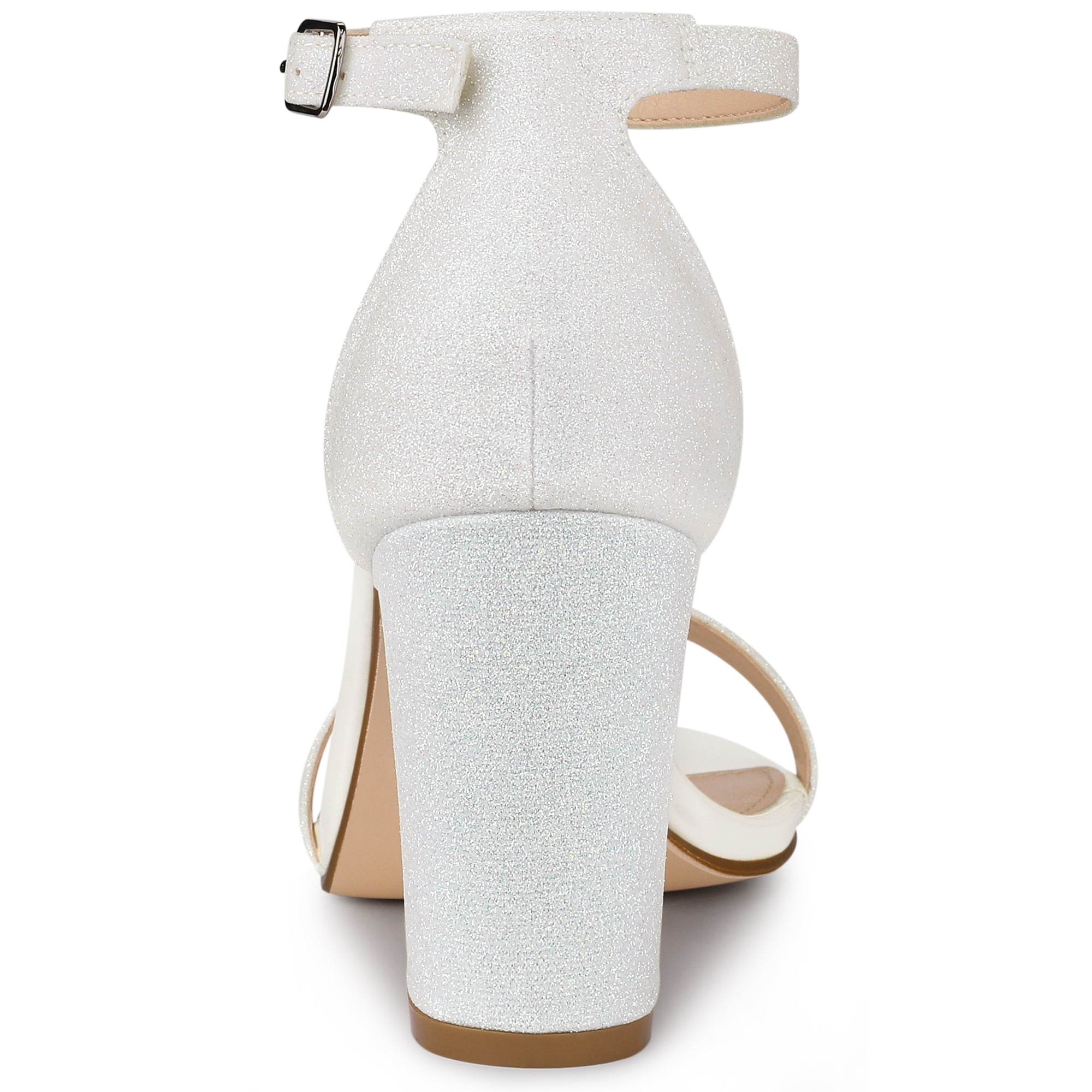 DARING DIVA Women's Ankle Strap Chunky Heels Glitter Vamp Open-Toe Sandals White 6