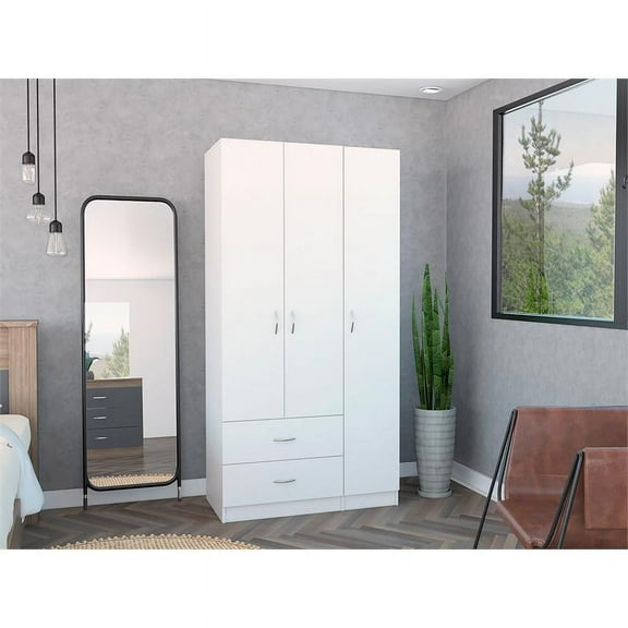 Bowery Hill 3 Door Armoire, White, 71" High, 2 Drawers, 5 Shelves