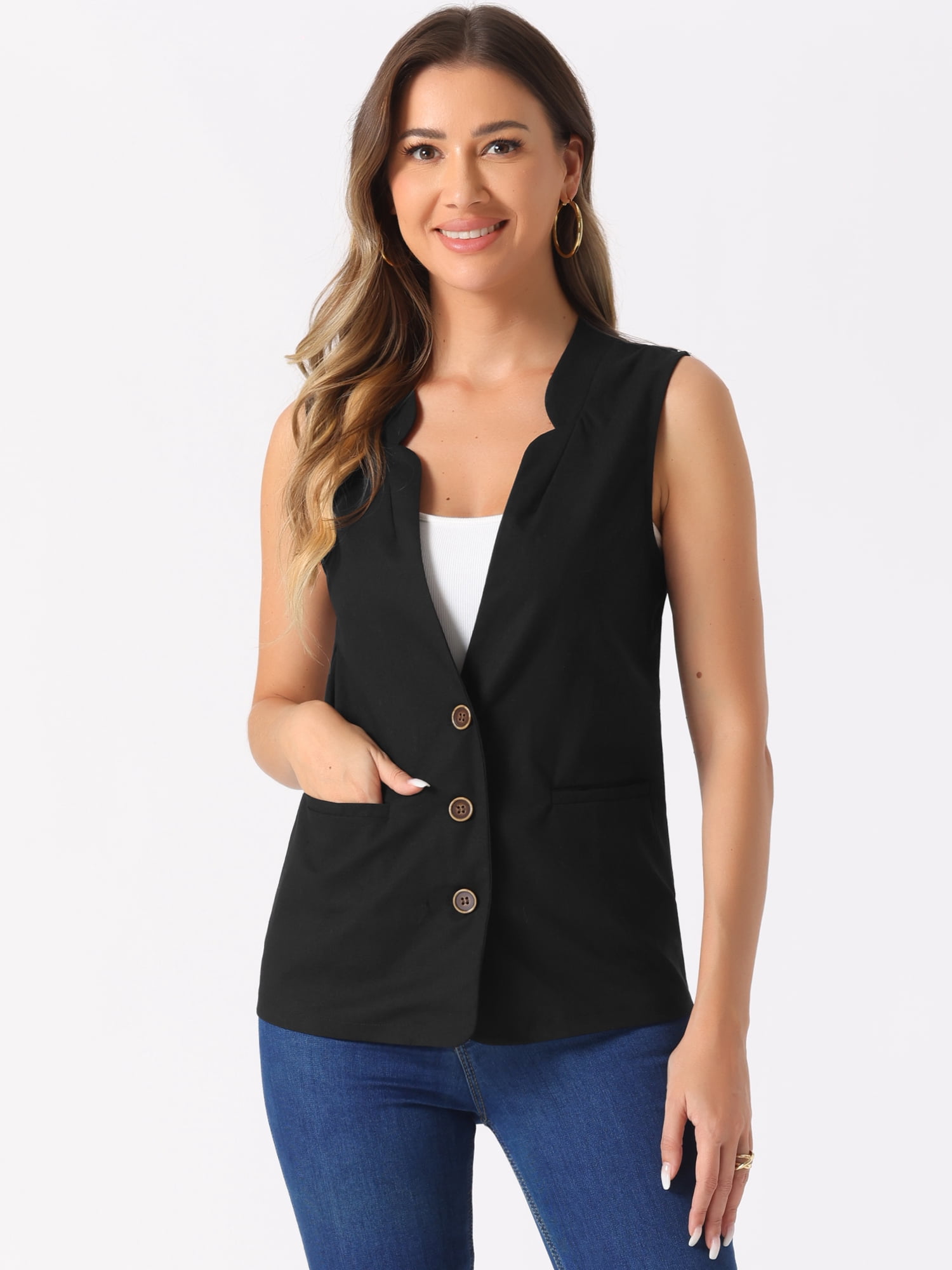 DARING DIVA Women's Cotton Linen V Neck Button Down Jacket Vest XS Black