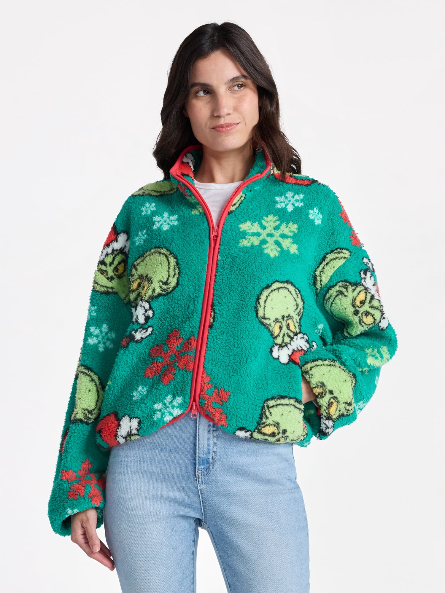 The Grinch Women’s Christmas Print Woobie Fleece Jacket, Sizes XXS-XXL