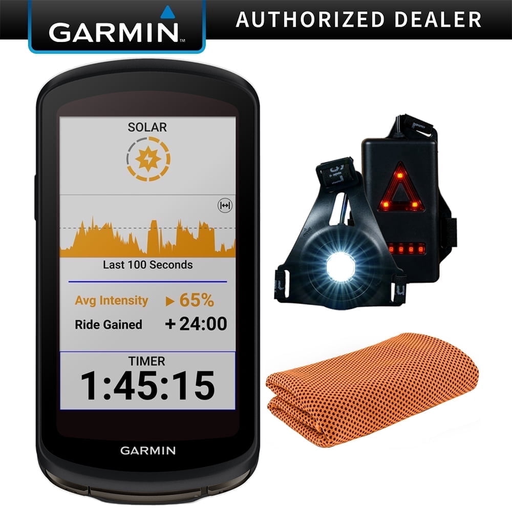 Garmin 010-02503-20 Edge 1040 Solar GPS Cycling Bike Computer Bundle with Workout Cooling Sport Towel and Deco Essentials Wearable Commuter Front and Rear Safety Light| Official Garmin USA Dealer
