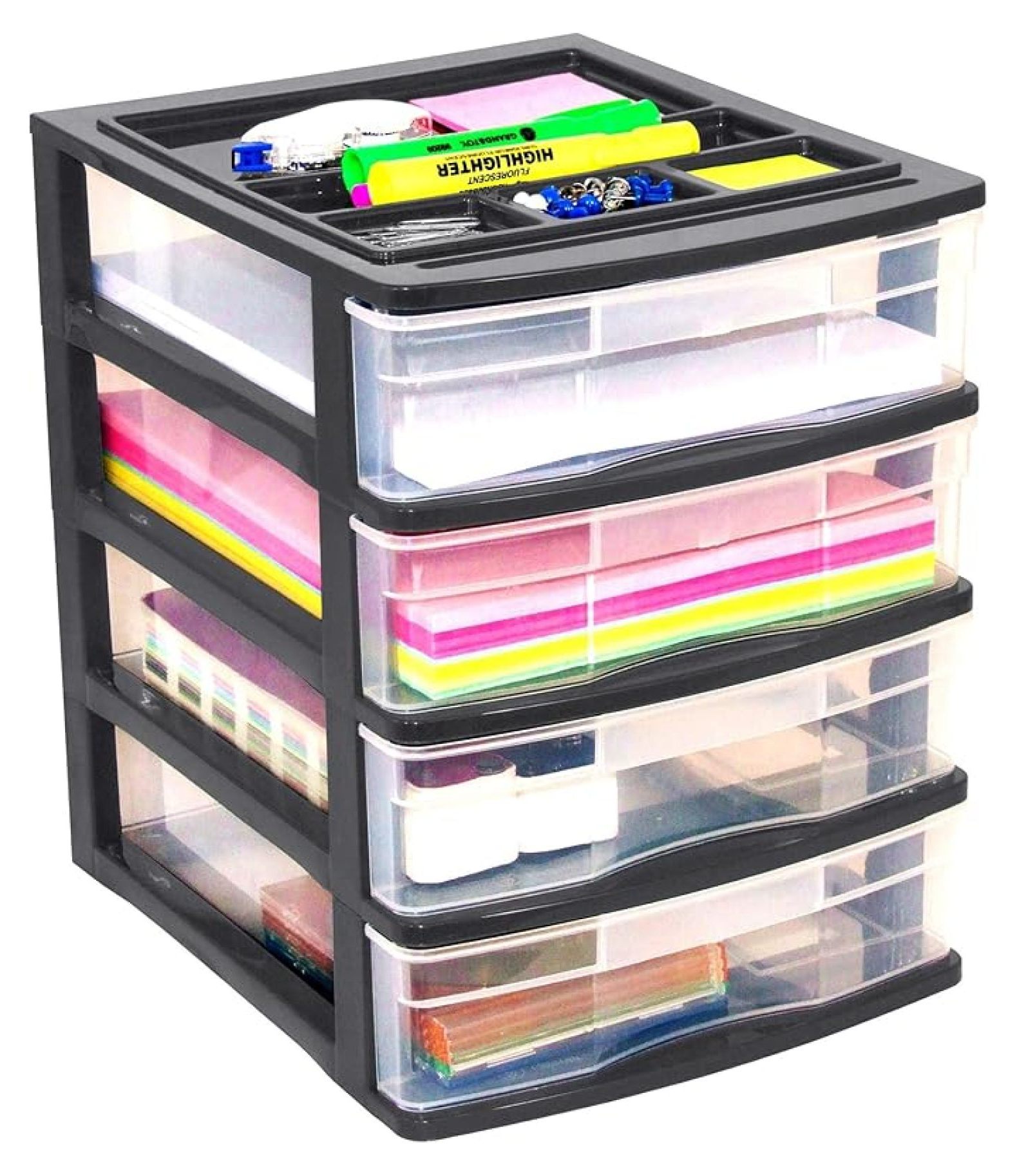 4-Drawer Desk Organizer Plastic Storage, Office Desk Drawers for Home & Office, Black/Clear - Small Desktop Organizer for Supplies, Makeup, Paper