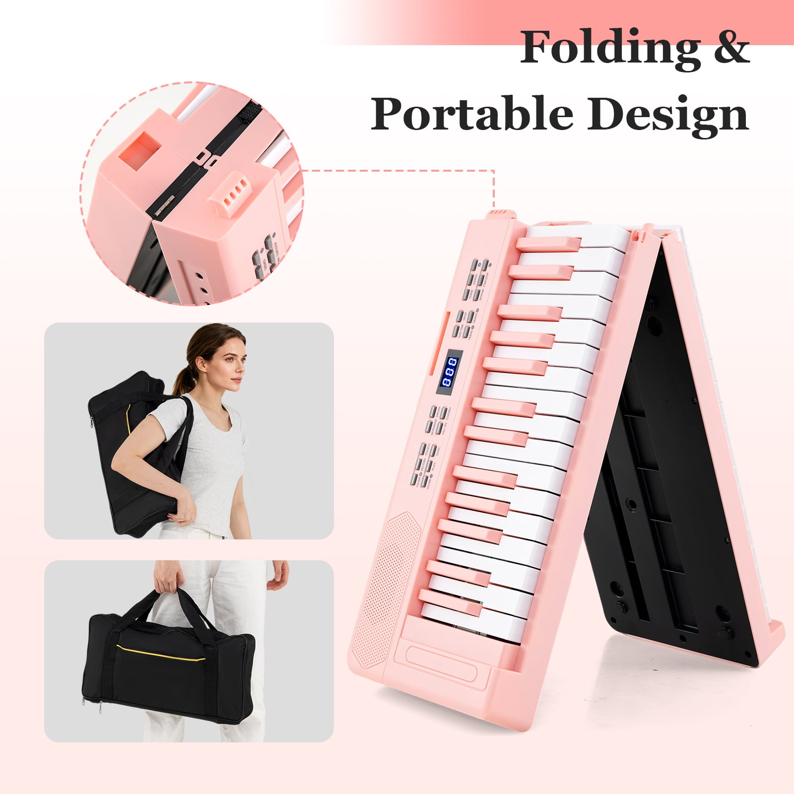 Gymax 61-Key Foldable Piano Keyboard w/MIDI Split Function Headphone Sustain Pedal Pink