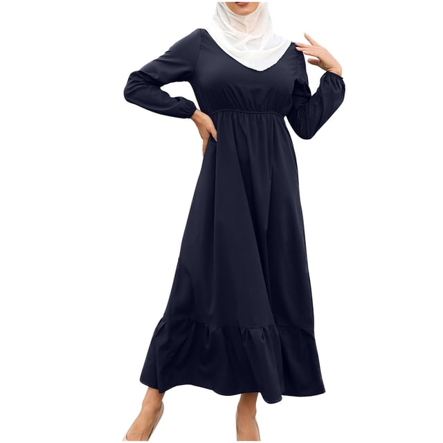 Ersazi Robe T-Shirt Robe d'Été pour Femmes Musulmanes à Fermeture Éclair Couleur Unie Manches Longues Robe en Liquidation Bleu Foncé L
