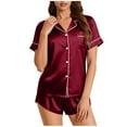 thumbnail image 2 of Bixock Loungewear Set for Women,Silk Pajamas for Women Solid Color Satin Short Sleeve Lapel Collar Top And Pants 2 Piece Soft Loungewear Sleepwear, 2 of 6