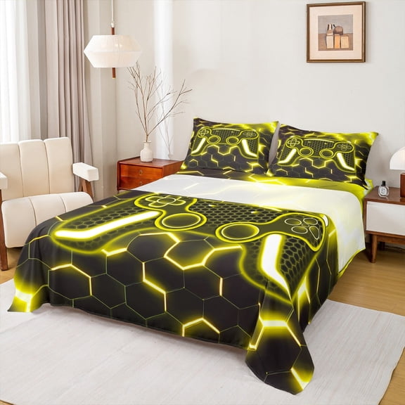 Erosebridal Video Game Sheet Set Twin,Black Golden Bedding Sets Twin Size,Geometric Decoration,Breathable,3pcs