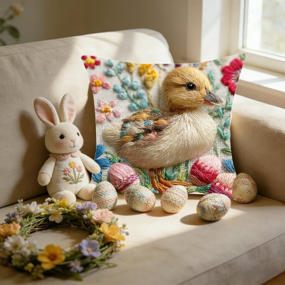 Easter Bunny Egg Throw Pillow Cover | Faux Embroidery Printed Design | 45x45cm Polyester Cushion Cover for Sofa, Chair, or Bed | Spring Decor