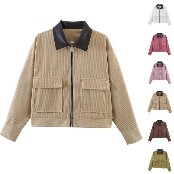 OIOLOYJM Womens Corduroy Jackets Causal Contrast Collar Zip Up Long Sleeve Comfortable Cropped Jackets Fall Winter Casual Vintage Basic Outdoor Coat with Pockets Khaki L