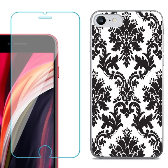 Slim-Fit Fashion Gel Phone Case for iPhone SE 2022, with Tempered Glass Screen Protector, by OneToughShield ® - Victorian White/Black