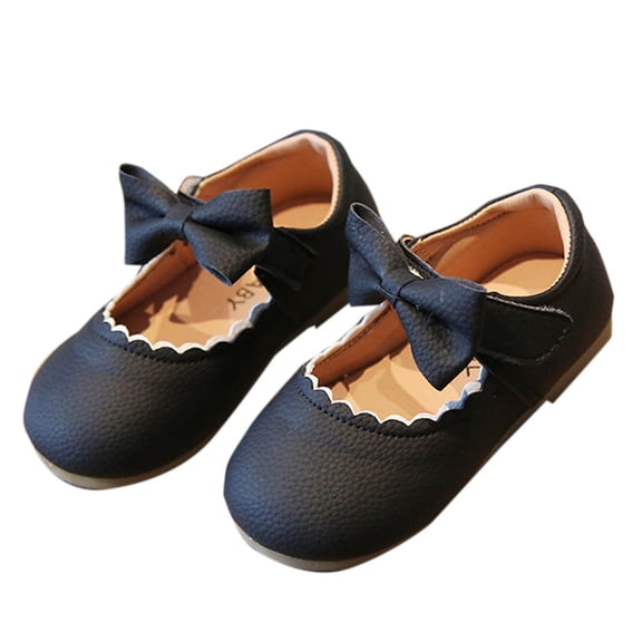 Floleo Little Girls Scalloped Trim Bow Mary Jane Flats, Adjustable Hook-and-Loop Strap Footwear, Four Pastel Tone Non-Slip Rubber Sole Toddler Daily Walking & Party Dress Shoes(Black,3-4Y)