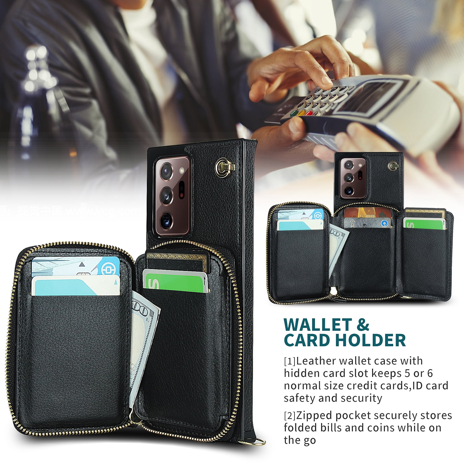 TECH CIRCLE For Galaxy Note 10+ Wallet Case,Card Holder Phone Case for Women, Zipper PU Leather Purse Kickstand Folio Flip Case with Crossbody Strap for Samsung Galaxy Note 10 Plus 5G 6.8” 2019,Black
