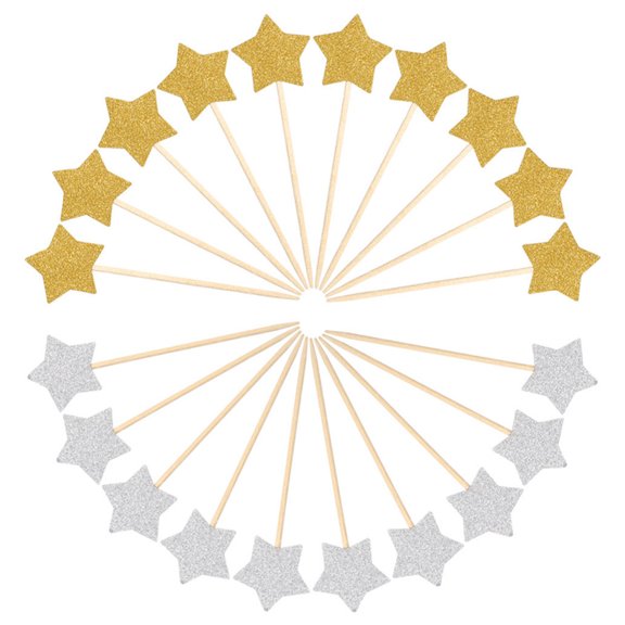 GOOHOCHY 30 Pcs Star Cake Insert Gold and Silver Decorations Glitter