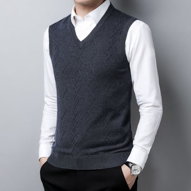 Suéter para hombre, juvenil, informal, holgado, con cuello en V, de lana, color liso, cálido