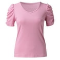 thumbnail image 3 of Gubotare Womens T Shirts Women's Shirred V-Neck T-Shirts Short-Sleeve Casual Summer Tops,Pink XXL, 3 of 5