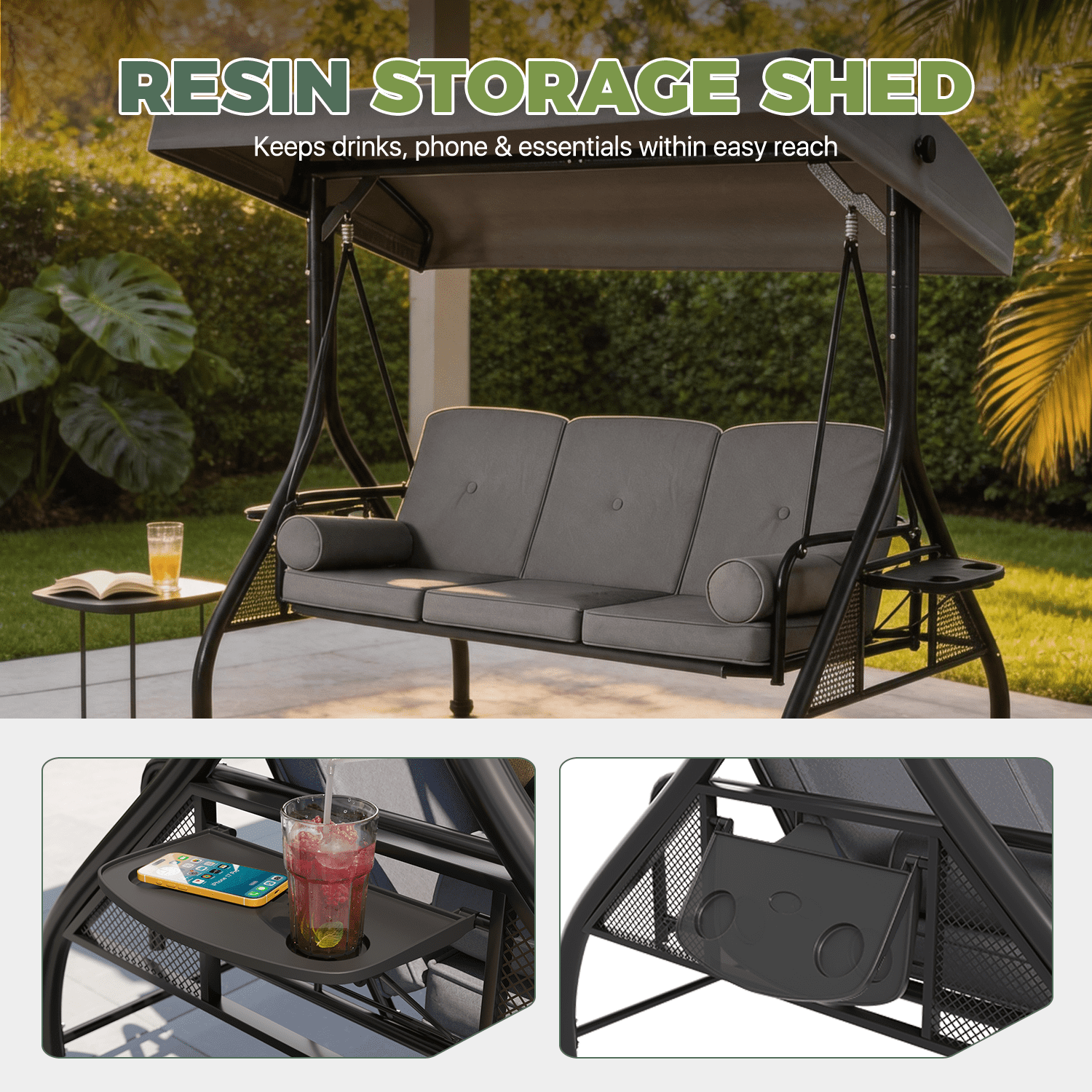 BaPiPro Gray 3-Seat Metal Outdoor Patio Swing with String Lighting, 2-in-1 Convertible Swing Bed, Adjustable Canopy, Removable Cushions & Foldable Side Table for Garden Porch Deck