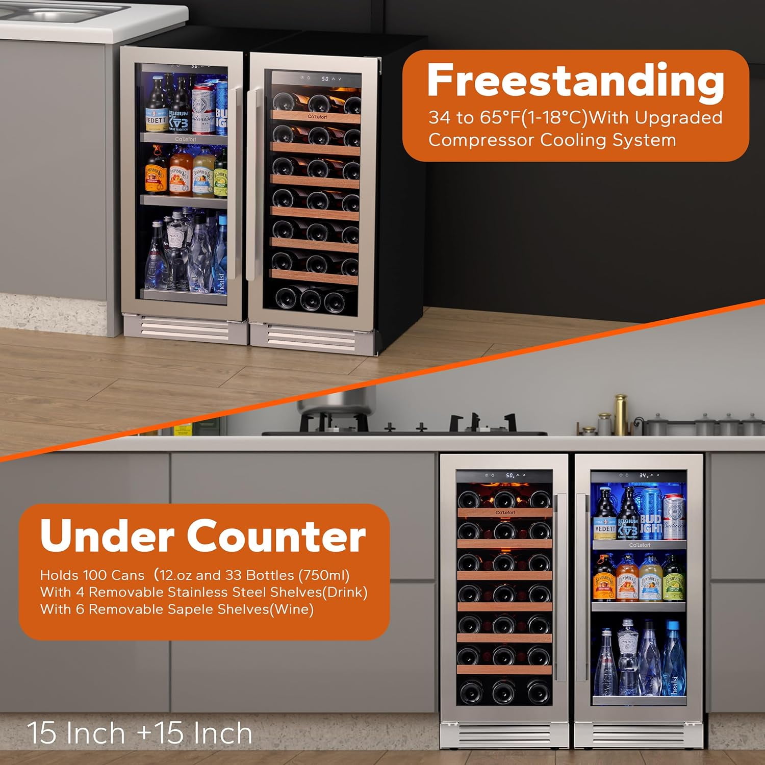 Ca'Lefort Wine and Beverage Refrigerator, 15" Wine Cooler and 15" Beverage Fridge Side-by-Side, Holds 33 Bottles and 100 Cans for Halloween Gifts