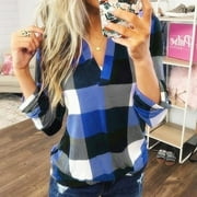 Women's Long Sleeve Flannel Plaid Shirt Pullover Sexy V Neck Tops Casual Loose Boyfriend Tunic T Shirts Blouses