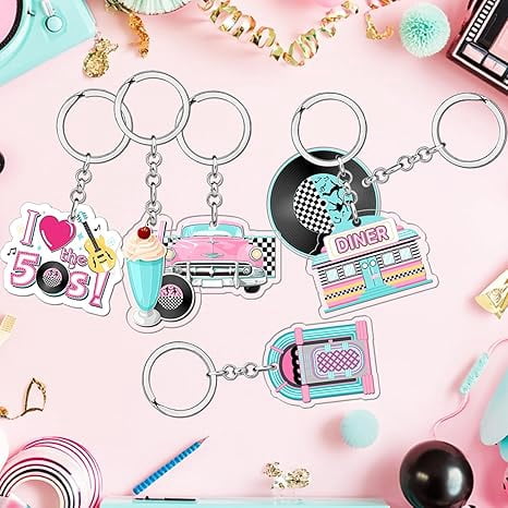 50's Party Decorations 24Pcs 50s Theme Keychains 1950's Rock and Roll Key Chains Colorful Retro Car Vinyl Record Guitar Acrylic Keyrings Party Favors for 50's Theme Music Party Birthday Party