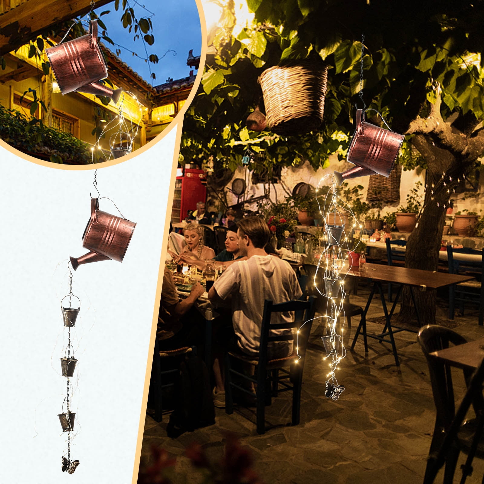 Solar Chime Rain Chain Watering Can Wrought Iron Metal Wind Chime