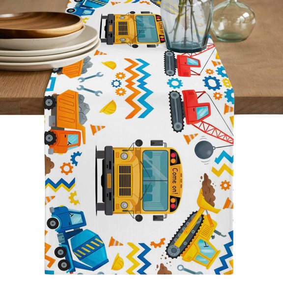 Cartoon Truck Table Runner 72 Inches, Cute Funny Engineering Vehicle Bed Runner Dresser Scarves Tabletop for Indoor Outdoor Parties/Ceremony/Banquet, 18" x 72"
