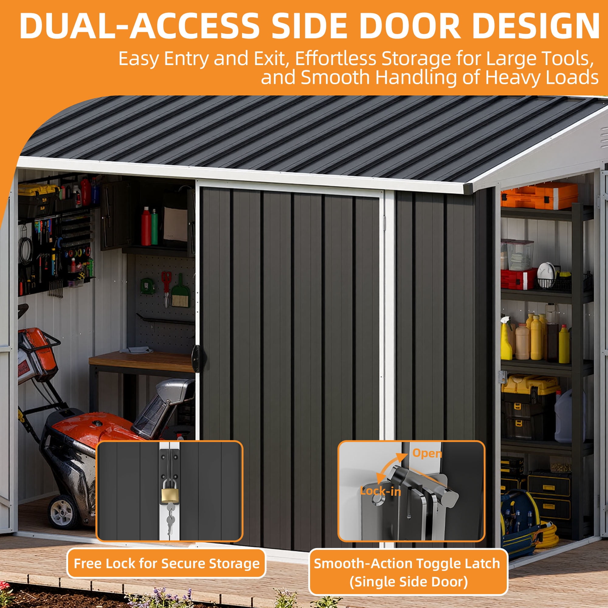 Uforic 7' x 4' Metal Outdoor Storage Shed, Weatherproof Bike Shed with Lockable Doors, Garden Storage for Tools, Lawn Equipment & Trash Cans, Dark Gray