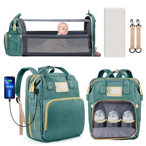 Diaper Bag Backpack, Multifunctional Baby Changing Bag with Foldable Crib & Insulated Milk Bottle Pocket, Large Capacity Travel Backpack with USB Charging Port & Stroller Strap (Green)