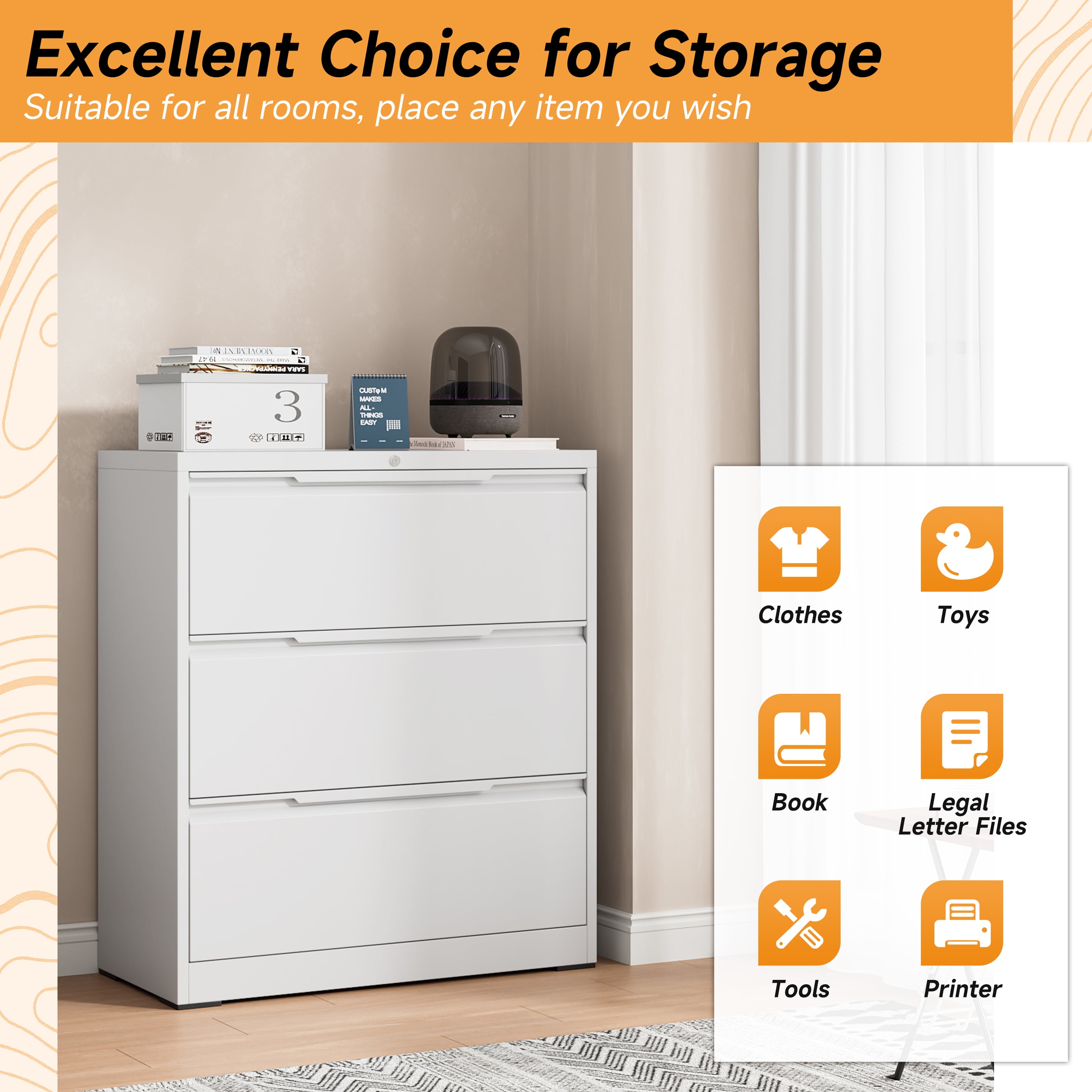 Lateral File Cabinet with Lock, 3 Drawer Lateral Filing Cabinet for Office Home, Locking Metal Steel Wide File Cabinet for Hanging Files Letter/Legal/F4/A4 Size, Easy Assemble White