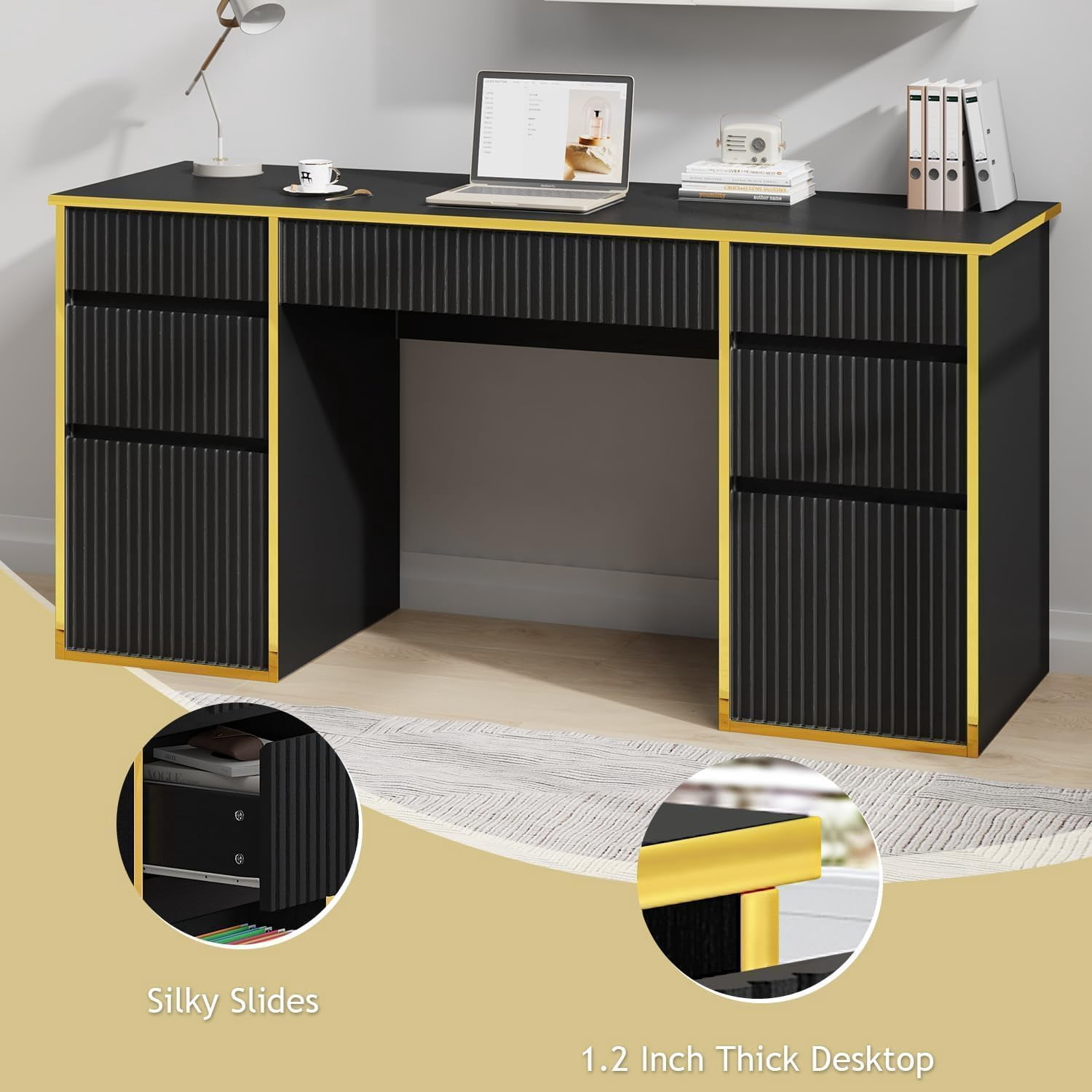 DreamCurship 58 inch Executive Desk with Drawers, Computer Desk with 7 Drawers, Home Office Desk for Work Study Writing, Black and Gold