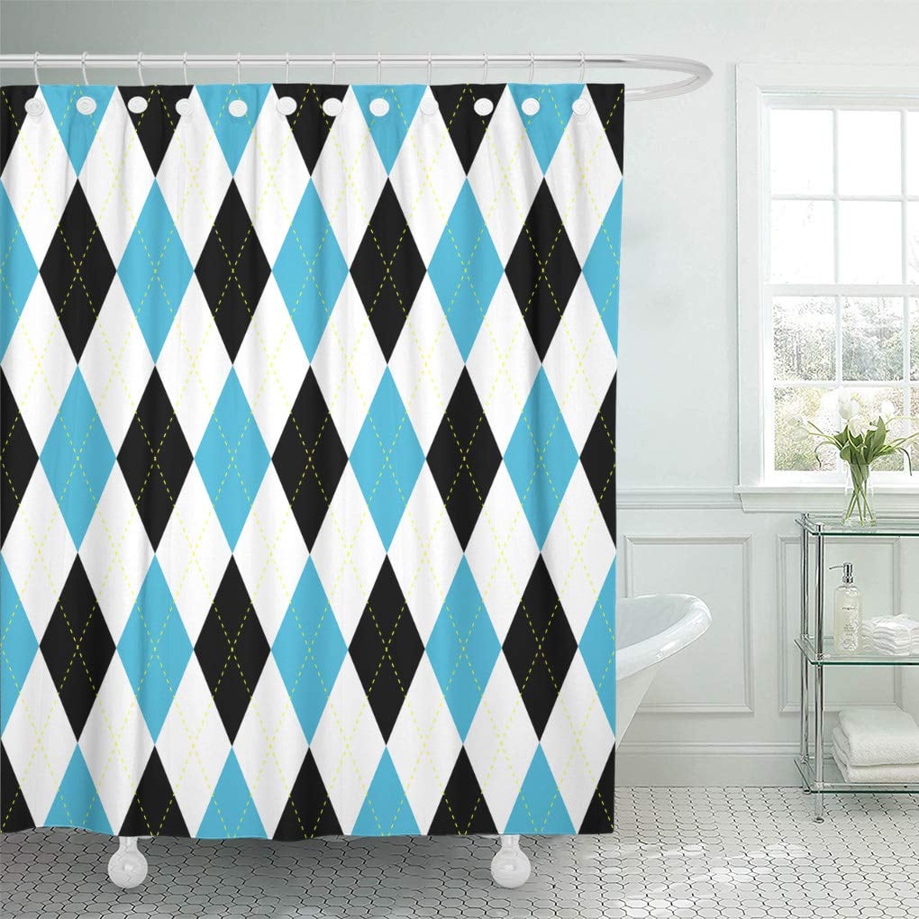 SUTTOM Argyle Plaid Pattern Diamond Check in Blue Black Shower Curtain 66x72 inch