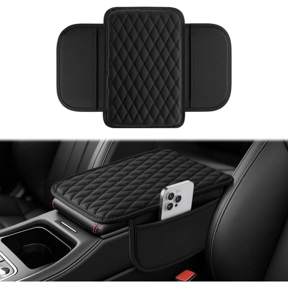 Chasenew Auto Center Console Pad, Universal Waterproof Armrest Seat Box Cover, Car Interior Accessories, Leather Auto Armrest Cover Protector for Most Vehicle, SUV, Truck (Black)