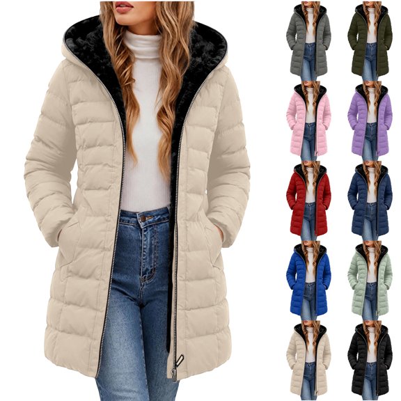 Qiggri Women's Hooded Puffer Coat Fleece Lined Full Zip Long Sleeve Outerwear Coat With Pockets for Winter Comfy Smart Casual Office Casual Outdoor L
