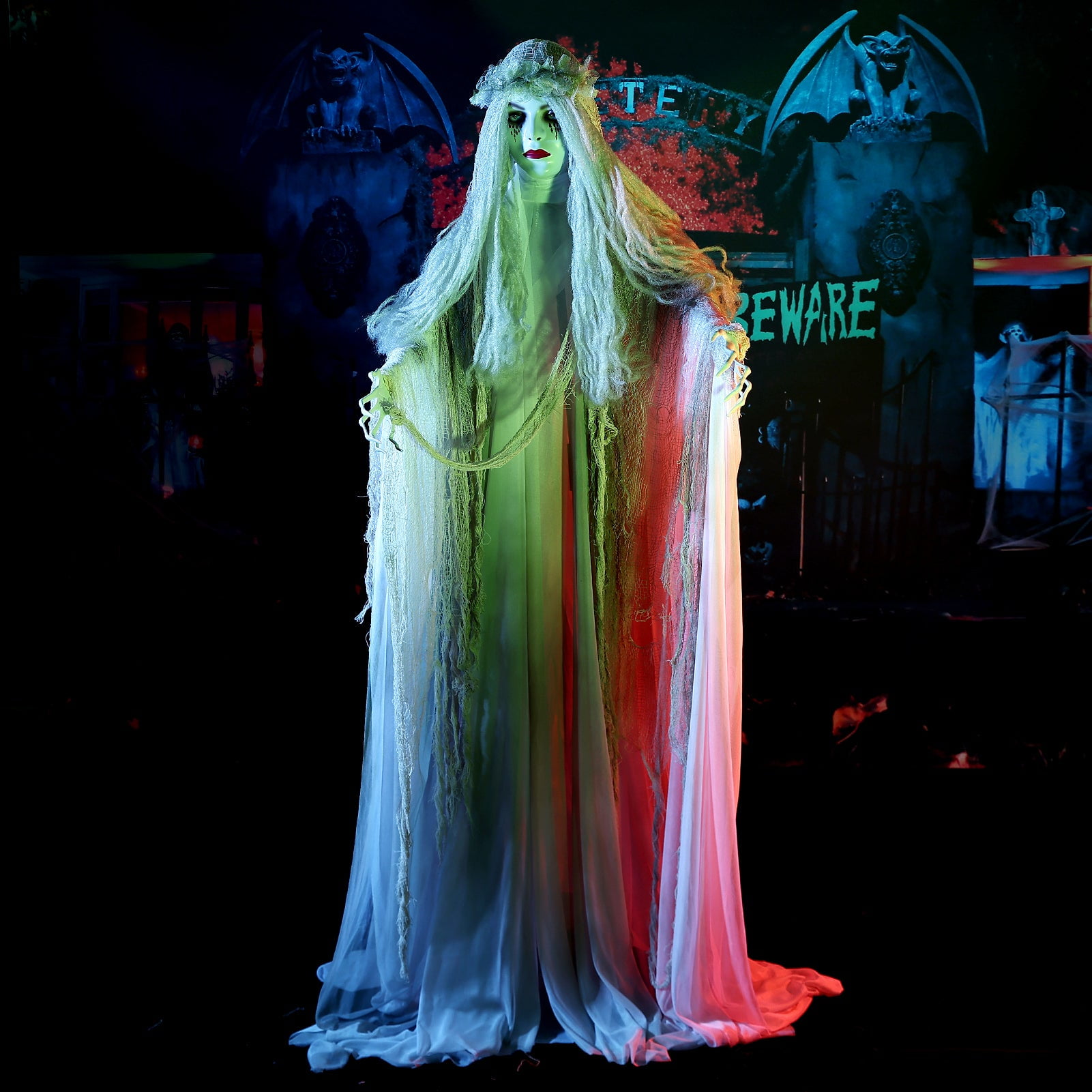 WBHome 5.6ft Halloween Animated Standing Ghost Bride with Red Glowing Eyes and Horrible Weep